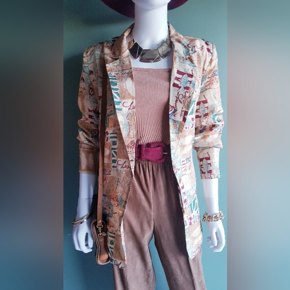 Rhoda Lynne Vintage Ontario Print Blazer 100%Silk 💎